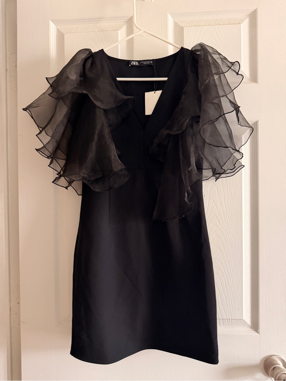 Zara Black Mini Dress with Layered Organza Ruffle Sleeves